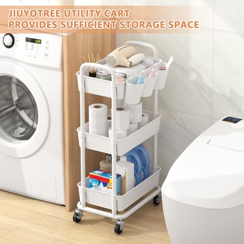 JIUYOTREE 3-Tier Plastic Rolling Storage Cart Utility Cart with Extra Hanging Cups Handles Lockable Wheels for Living Room Bathroom Kitchen Office White - color: White, size: 3-Tier