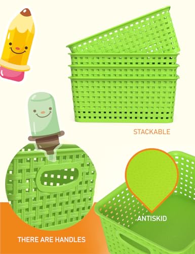 WYT 6-Pack Plastic Small Shelf Storage Weave Baskets Organizing for Cabinets and Pantries, Green - color: Green, size: 6-Pack