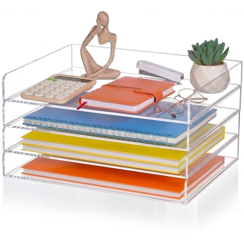 Harloon 4 Tier Acrylic Paper Tray Organizer, Heavy Duty Stackable Clear Organizer for A4/Letter Paper, Acrylic File Storage for Desk, Office Workspace, No Assembly Required, 13 x 10 x 1.7 Inches - color: Transparent, size: 13x 10 x 1.7 Inches
