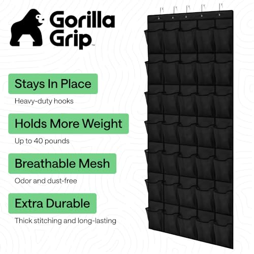 GORILLA GRIP Over the Door Shoe Organizer, 35 Large Breathable Mesh Pockets, Space Saving Hanging Storage Holder, 5 Hook Closet Rack Hanger, Hangs on Closets for Shoes, Accessories 68.5H x 24.5W Black - color: Black, size: 35 Pockets/5 Hooks