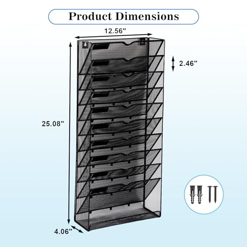 EASEPRES Desk File Organizer Mesh 11-Tier, Hanging Wall Mount Document Organization Stand, Desktop Vertical Mail Paper Folder Holder Rack with Bottom Tray for Office Home Cubicle Countertop, Black - color: Black, size: 10 Tier Upgrade