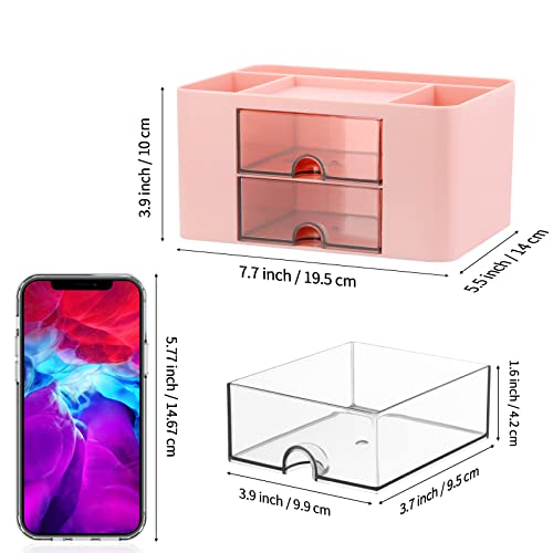 Desk Organizer with 2 Drawer, Plastic Desktop Pen Pencil Card Holder Storage Box for Desk, Office Supplies, Vanity Table Office School Home (Pink) - color: Pink
