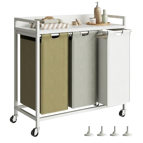 Herture Laundry Hampers with Shelf, Laundry Basket 3 Section, Laundry Sorter with Pull-Out Removable Large 3 Color Bags and Movable Wheels, Metal Frame, 3 x 15.87 Gallons (60L), White PF04XLE - color: White + 3-Color, size: 3 Bags-180 L