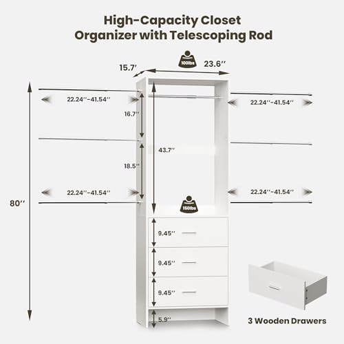 COSIEST Closet System, Closet Organizer with Drawers and Expandable Hanging Rods, Closet Organizer System, Walk-in Closet Wardrobe Clothes Rack, I Shaped