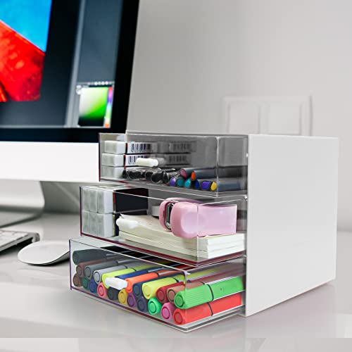 Desk Organizer with Drawer, Desk Storage Box, Plastic Office Stationery Supplies Organizers, Desktop Organizer for Office School Home (3 drawer, White) - color: White, style: 3 drawer
