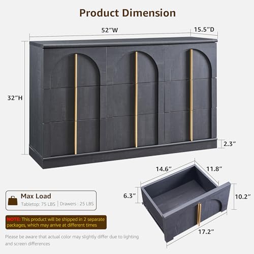 ACCOHOHO Arched Dresser for Bedroom with 9 Drawers, 52" Wide Modern Chest of Drawers with Rounded Edge & Metal Handles, Wood Storage Closet Dressers TV Stand for Living Room, Hallway, Black - color: Black, size: 15.6"D x 52"W x 32"H (9 Drawers)