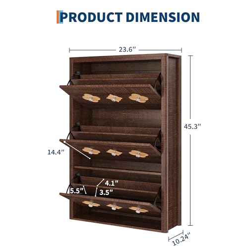 GarveeHome Shoe Storage Cabinet with 3 Flip Drawers, Narrow Wood Shoe Organizer Cabinet with Floral Pattern, Freestanding Slim Shoe Rack Cabinet with Adjustable Shelves, for Entryway, Hallway, Brown - color: Brownish-red, size: 3-Drawers