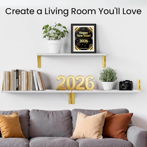 BAYKA Wall Shelves for Bedroom Decor, Floating Shelves for Living Room Kitchen Storage, Wall Mounted Rustic Wood Shelves for Kids Books,Corner Shelves for Bathroom(White and Gold，23in，Set of 3) - color: B. White Board & Gold Brackets, size: 23-inch Standa