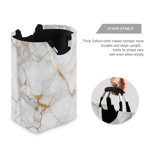 Kigai White Gold Marble Texture Laundry Basket Collapsible Laundry Hamper with Handles Clothes Organizer Foldable Waterproof Washing Bin for College Dorms, Nursery, Bathroom