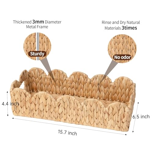 Coeusy Toilet Tank Basket for Bathroom,Scalloped Edge Wicker Basket for Toilet Paper Storage,Small Baskets for Countertop,Shelves,Living Room,Bedroom,Both Organizer&Decor,Natural Water Hyacinth - size: rectangle