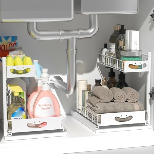 Under Sink Organizer with Pull-Out Drawers,Kitchen Sink Organizer,2 Tier Bathroom Organizers And Storage,Bathroom Accessories Set,White 2 Pack - color: White, size: A 2 Pack