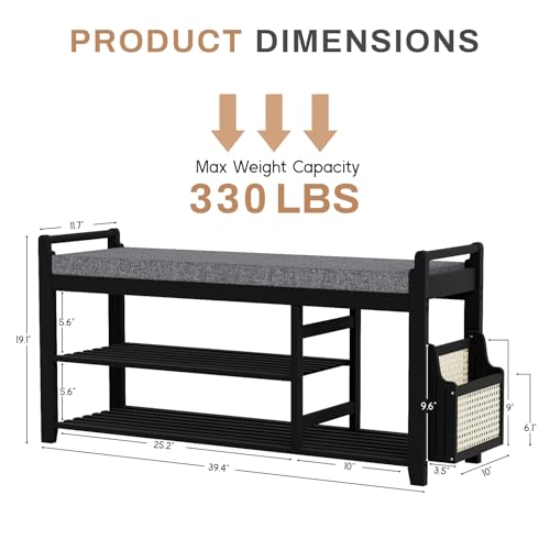 Homaxy 2-Tier Shoe Rack Bench with Side Holder, 39.4 in Bamboo Entryway Bench, Shoe Rack Organizer with Cushion for Front Entrance, Hallway Living Room Bedroom, Black and Dark Grey - color: Black and Dark Grey, size: 39.4 in