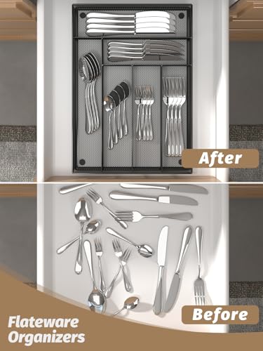 Sedegn Silverware Organizer Metal Mesh, Large Drawer Organizer, Utensil Cutlery Tray for kitchen drawers, Flatware Organizer with 6 Compartment, Black (11.3”*16“) - color: Black, size: 11.3”*16"
