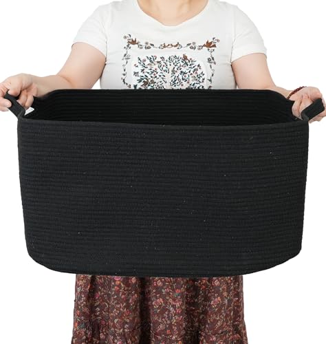 XUANGUO Large Rectangle Blankets Basket Living Room 22"x17"x12" Woven Cotton Rope Storage Baskets for Nursery Toy Baskets for Kids and Dogs Wicker Laundry Basket Bin for Clothes Towels black - color: black