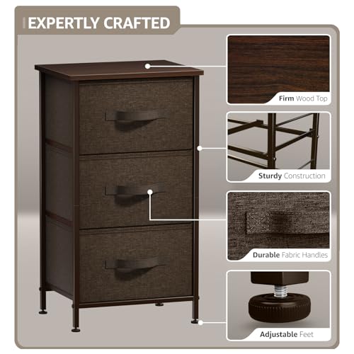 Sorbus Nightstand with 3 Drawers - Bedside Furniture & Night Stand End Table Dresser with Steel Frame, Wood Top, Easy Pull Fabric Bins for Home, Bedroom Accessories, Office & Dorm - color: Brown, style: 3 Drawer