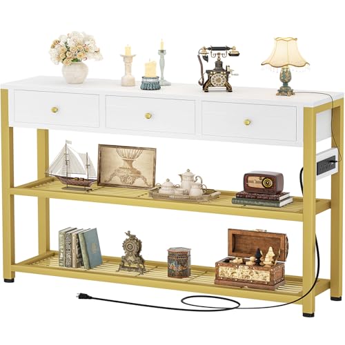 Ecoprsio 47'' Entryway Table with Outlets and USB Ports, Console Table with 3 Drawers, Sofa Table Narrow Long with Storage Shelves for Living Room, Couch, Hallway, Foyer, White and Golden - color: White and Golden, size: 47-In