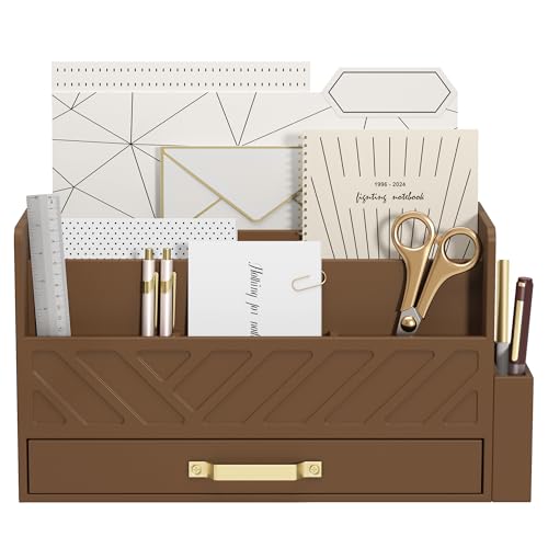 WISUCART Bamboo Desk Organizer Mail Holder Countertop Wood Desk Drawer Tabletop Storage Box Pen Holder Letter Sorter Makeup Organizer for School Home Office Supplies with Pen Holder Brown - color: Brown with Pen Holder