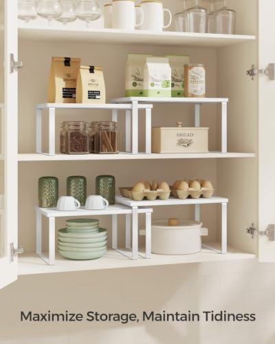 SONGMICS Cabinet Organizer Shelf, Set of 4 Kitchen Counter Shelves, Kitchen Storage, Spice Rack, Stackable, Expandable, Metal and Engineered Wood, Cloud White and Snow White UKCS027W01 - color: Cloud White + Snow White, size: 11.7"W
