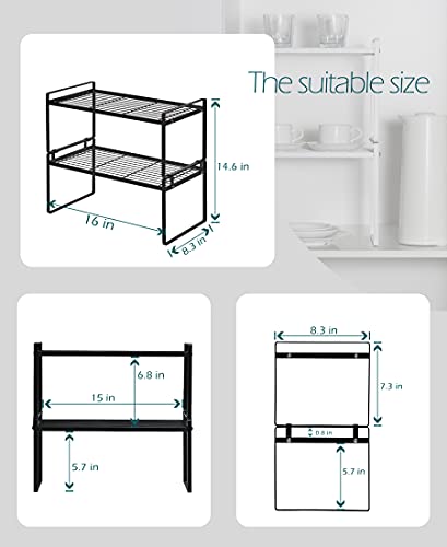 Shantton 2Pack Cabinet Shelf Organizer Storage Rack Space Saving for Kitchen Counter Pantry Bathroom Cupboard Under Sink Office Table Desk Steel Stackable Rust Resistant Heavy Duty Nonslip 16” Black - color: Black, size: L16" W8.3" H7.3"