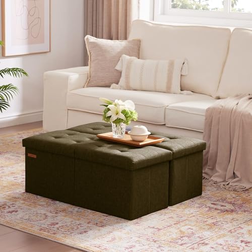 HAUSFRAU 31.5 Inches Ottoman with Storage Bench, Folding Ottoman Bench Small Foot Rest Stool, Bedroom Bench with Flipping Lid, Linen Espresso - color: Espresso, size: 13"D x 31.5"W x 13"H