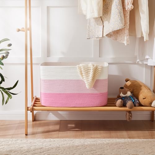 Artfeel Blanket Basket,Rectangle Woven Baskets for Storage,30L Laundry Basket for Decorative Nursery Blanket,Toys,Dirty Clothes and Magazine in Shelves,Baby Room,and Living Room - color: Pink, size: 30L