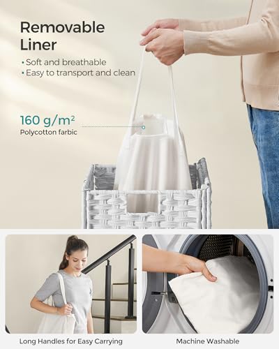 SONGMICS Laundry Hamper with Lid, 23.8 Gallon (90 L) Synthetic Rattan Clothes Laundry Basket with Lid and Handles, Foldable, Removable Liner, Cloud White ULCB51WT - color: Cloud White, size: 90 L