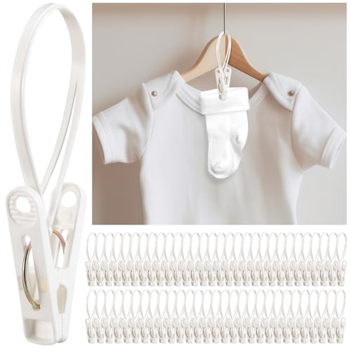 Honeydak 60 Pack Multi-Purpose Laundry Hooks Hanging Clips Bulk with Plastic Rope Hanger Clips for Baby Clothes Closet Organizer for Pants Hat Sock Boot Bra Towel Bathroom Wardrobe Kitchen, White - color: White