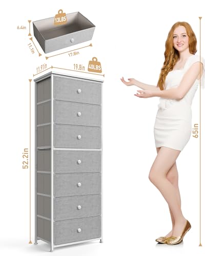 Mifuro Tall Fabric Dresser for Bedroom, Vertical Storage Organizer Tower with 7 Drawers, Chest of Drawers with Bins, Steel Frame, Wood Top for Bedroom, Closet, Entryway Light Grey - color: Light Grey, size: 7 Large Drawers