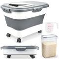 Komzon Rice Storage Containers, Collapsible 20 to 30Lbs Food Storage Bin Dispenser with Rolling Wheel and Clear Airtight Lid, BPA Free Flour, Sugar, Cereal and Dog Cat Pet food Containers - color: White