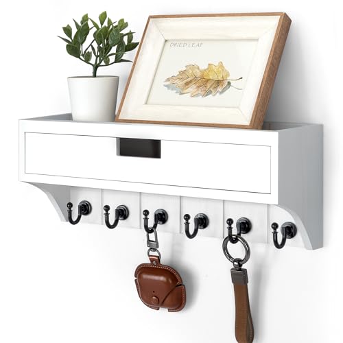 Rebee Vision Decorative Pine Wood Key Holder Wall Mount with Drawer Organizer - Mail Organizer with 6 Key Hooks - Stylish Wall Shelf for Apartment Essentials (Modern White) - color: White, style: 1-Drawer