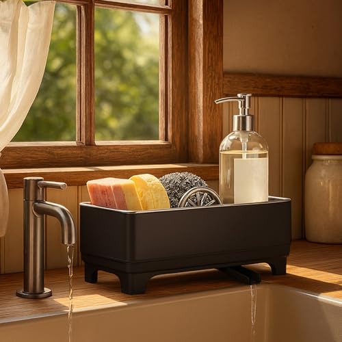 MOUKABAL Sponge Holder for Kitchen Sink – Rustproof Stainless Steel, 360° Rotating Drain Pipe, Large Counter Organizer with Drip Tray for Sponges, Brushes & Dish Cloths Black - color: Black 1