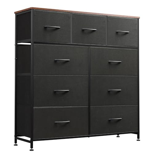 WLIVE 9 Drawer Dresser, Fabric Storage Tower for Bedroom, Hallway, Closet, Tall Chest Organizer Unit for Bedroom with Fabric Bins, Steel Frame, Wood Top, Easy Pull Handle, Black and Rustic Brown - color: Black and Rustic Brown
