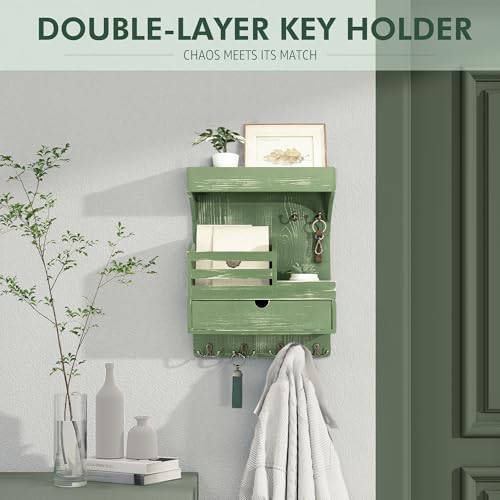 Rebee Vision Pine Wood Key Holder Wall Mount with Small Drawer Organizer - Farmhouse Key Holder for Wall with 6 Sturdy Hooks & Floating Shelf - Perfect for Room Decor (Green) - color: Green, style: Large Drawer