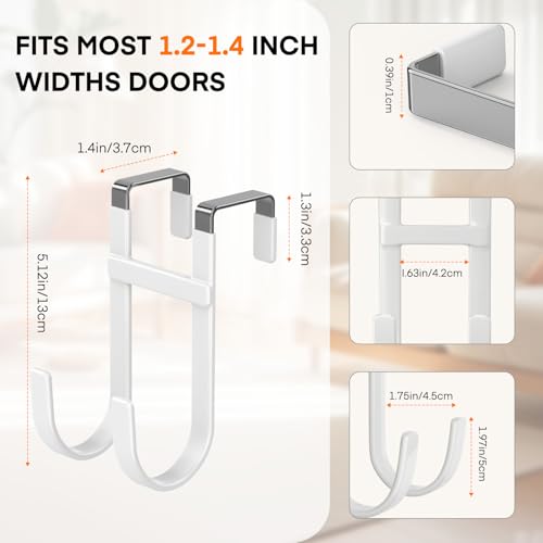 FYY Over The Door Hooks - 2 Pack Heavy Duty Dual-Hook Organizer Hanger for Hanging Towels, Clothes, Hats & Bags Use in Bathroom, Bedroom, Kitchen - Fits Interior Doors Up to 1 3/8" White - color: White, size: 5.12" Long, Fit Interior Doors Up to 1 3/8", s