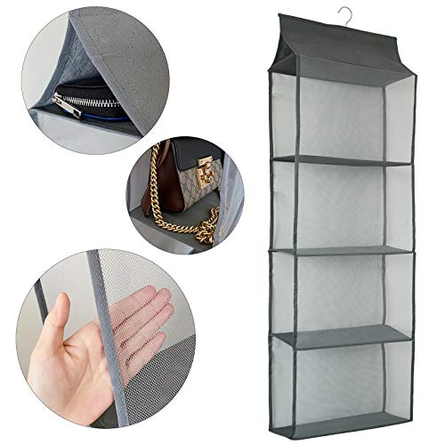 Closet Handbag Purse Holder, Space Saving Hanging Handbag Storage Tote Bag Organizer Holder with 4 Large Heavy-Duty Mesh Shelves for Wardrobe Closet(Gray) - color: Grey