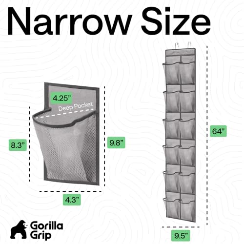 GORILLA GRIP Over the Door Shoe Organizer, 12 Large Breathable Mesh Pockets, Space Saving Hanging Storage Holder, 2 Hook Closet Rack Hanger, Hangs on Closets for Shoes, Accessories, 64H x 9.5W Grey - color: Grey, size: 12 Pockets/2 Hooks