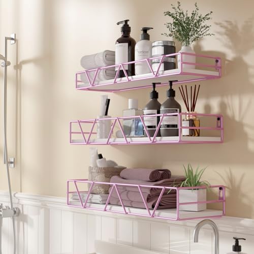 Amaoot Floating Shelves Set of 3, Home Wood Wall Shelf, Farmhouse Shelf for Bedroom, Wall Mounted Floating Shelf for Living Room, Bedroom, Bathroom, Kitchen, Office (Pink) - color: Pink