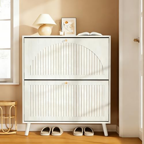 Fsbecl Shoe Storage Cabinet for Entryway with 2 Flip Drawers, Narrow Wood Shoe Cabinet with Fluted Panel, Freestanding Hidden Shoe Organizer for Foyer, Hallway (White - with Shelf) - color: White - With Shelf