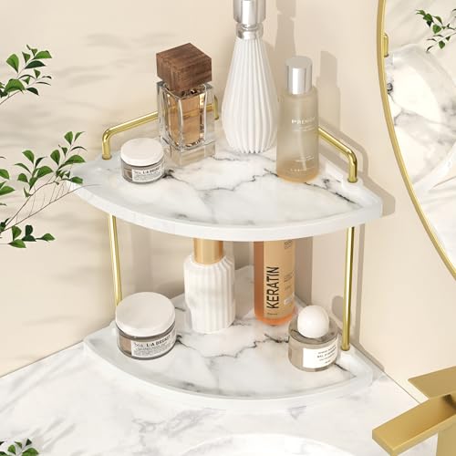 KES Marble Pattern Bathroom Corner Countertop Organizer, 2-Tier Ceramic Corner Counter Shelf, Vanity Skincare Perfume Organizer and Makeup Storage Tray Shelf, Polished Gold, BSC901B-PG - color: Polished Gold