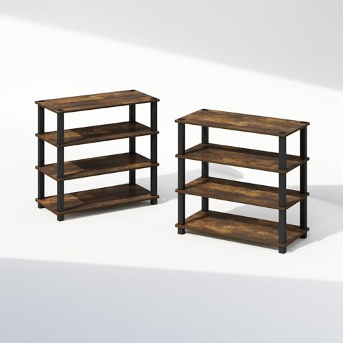 Furinno Turn-N-Tube Storage Shelves Set of 2, 4-Tier Stackable Standing Shelf, Open Corner Shelf, for Organization and Storage, Living Room, Garage, Home Office, Amber Pine - color: Amber Pine/Black, size: 4-Tier (Set of 2)