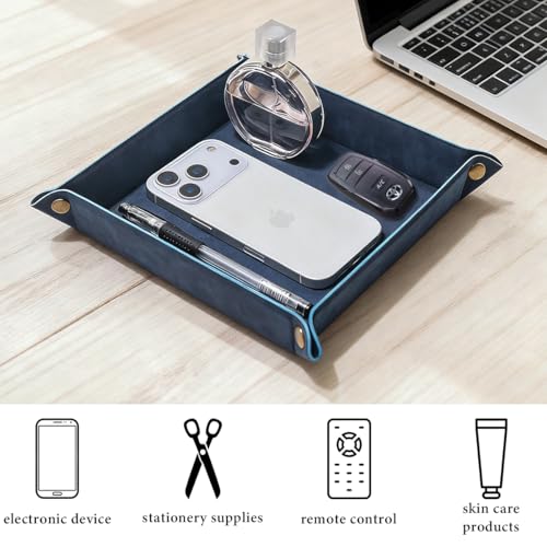 Valet Tray Desktop Storage Organizer – Premium PU Leather Catchall Bedside Vanity Tray Nightstand Caddy Holder for Remote Controller, Keys, Phone, Wallet, Coin, Jewelry,Blue - color: Blue