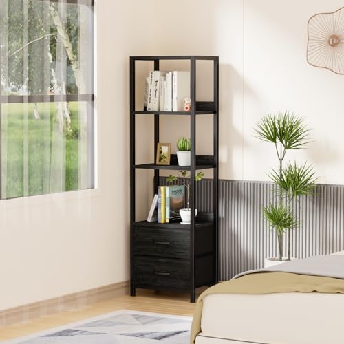 Furnulem 4-Tier Corner Shelf, Bookshelf with 2 Storage Drawers, 57.28”Tall Narrow Bookcase, Standing Shelf Organizer Unit for Living Room, Bedroom, Metal Frame, Wood Display Shelf - color: Black Oak, size: 4 Tier