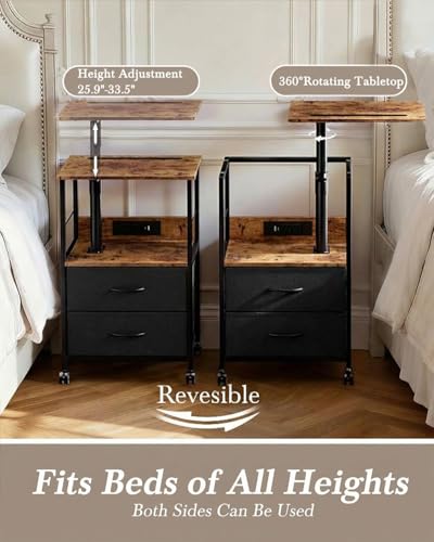 Faesun Swivel Lift Top Nightstand with Charging Station, Rolling Side Table for Recliner, Bedside Table with Wheels & 2 Fabric Drawers, for Small Spaces, for Bedroom, Living Room, Brown Black - color: Brown Black, size: 2 Drawers