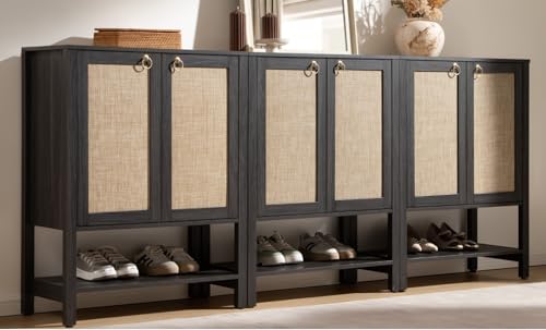 SICOTAS Shoe Cabinet with Storage - 3 Pieces Farmhouse Boho Shoe Organizer with Rattan Doors & Shelves, 5 Tier Free Standing Shoe Rack Storage Cabinet for Entryway, Hallway, Foyer, Closet (Obsidian) - color: Obsidian, size: 3 Pieces