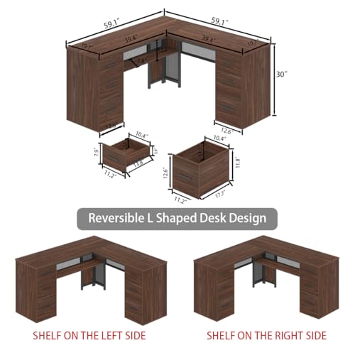 HSH Large L Shaped Executive Desk with Drawers, Home Office Metal Wood Computer Desk for Work Writing Study Gaming, Rustic L-Shaped Walnut Desk Table with File Drawer, Storage Cabinet Shelves, 59 in - color: Walnut