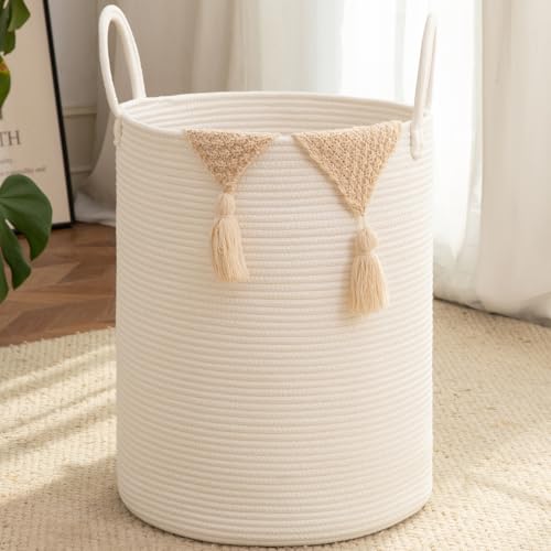 OIAHOMY Large Laundry Basket Hamper - 60L Cotton Rope Woven Basket for Blankets, Toys, Clothes - Tall Decorative Nursery Hamper with Long Handles, White - color: White, size: 60L