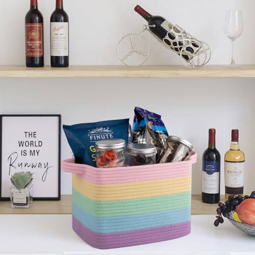OIAHOMY Storage Basket, Woven Baskets for Storage, Cotton Rope Basket for toys,Towel Baskets for Bathroom - Pack of 3, Rainbow Pastel - color: Rainbow Pastel, size: 3 pcs-13”x9.9”x8.7”