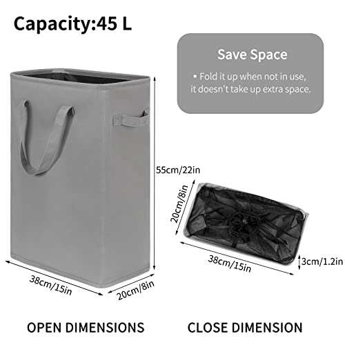 Chrislley 45L Slim Laundry Hamper Narrow Laundry Basket with Handle Foldable Dirty Clothes Portable Skinny Hamper Organizer Storage Bins (22 inches, grey) - color: grey, size: 45l(14.96"l x 8"w x 21.65"h)