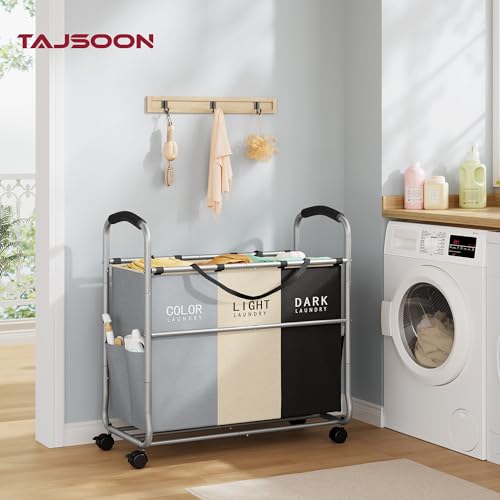 Tajsoon 3 section Laundry Hamper Sorter, Laundry Sorter Cart with Heavy Duty Lockable Wheels and Removable Bags, Laundry Separated Rolling Cart Basket for Clothes Storage, Grey+Beige+Black - color: 3 Colors, size: 3 Bag