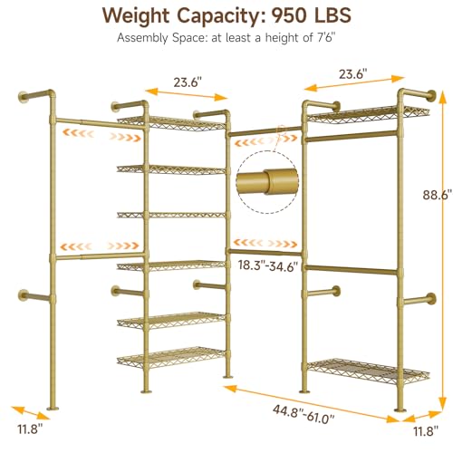 ONBRILL L4 Wall Mounted Industrial Pipe Clothing Rack, Closet Organizer System with 6 Hanging Clothes Rods ( 4 Expandable Rods) & 8 Shelves, Heavy Duty Corner Garment Rack, Large Wardrobe - Gold - color: Gold